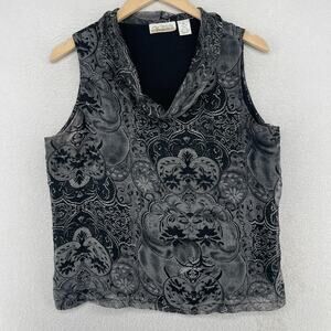 NEW YORK CITY DESIGN CO Tank Top L Silk Chiffon Floral Cowl Neck Gray VTG